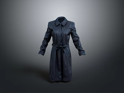 Dark Blue Collared Trench Coat With Belted Waist And Long Sleeves 3d model
