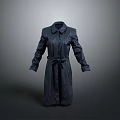 Dark Blue Collared Trench Coat With Belted Waist And Long Sleeves