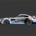 Mercedes Racing Car With Rear Wing White Blue Red Stripes And Sponsor Logos