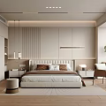 Modern Bedroom Interior Design With Bed Headboard Nightstands Table Lamps Chair Plant And Wooden Floor