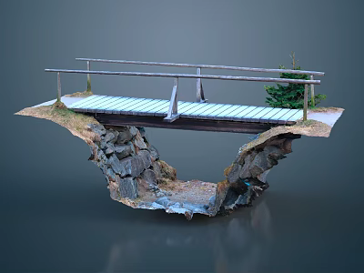 Wooden Bridge Model With Railing Over Rock Cliffs Small Tree And Creek 3d model