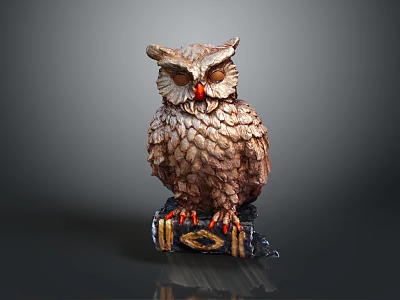 Carved Brown Owl Statue With Detailed Feathers On Ornate Book Base 3d model