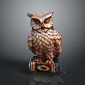 Carved Brown Owl Statue With Detailed Feathers On Ornate Book Base