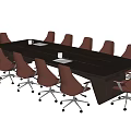Dark Modern Conference Table With Twelve Brown Rolling Office Chairs 3d model
