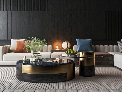 Modern Round Coffee Table With Black Gold Frame Glass Top In Elegant Living Room Decor 3d model
