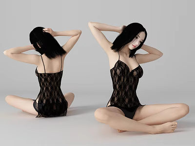 Woman In Black Lace Bodysuit Sitting With Hands On Head Two Poses Against Gray Background 3d model