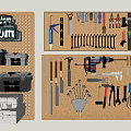 Organized Hardware Tools Display With Screwdrivers Wrenches Drill Pliers And Toolboxes On Hanging Cork Boards