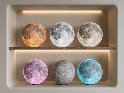 Colorful Moon Shaped Floor Lamps Display on Shelf With LED Strip Lighting 3d model