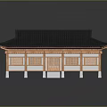 Traditional East Asian Building with Black Tiled Roof Overhanging Eaves and Wooden Framed Windows