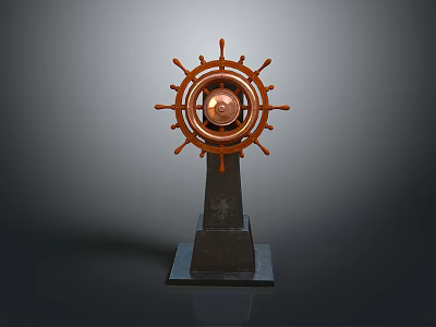 Ship Steering Wheel With Copper Center Mounted On Black Base Stand 3d model