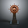 Ship Steering Wheel With Copper Center Mounted On Black Base Stand