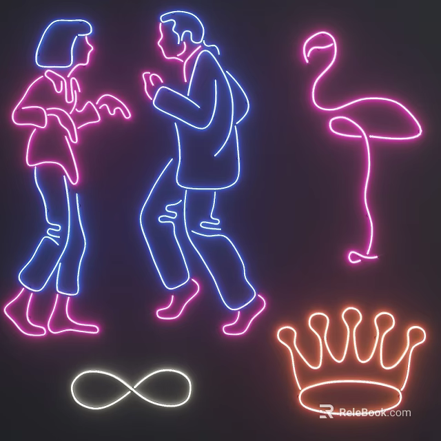 Colorful Neon Decorative Lights With Dancing Figures Flamingo Crown And Heart 3d model 