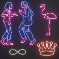 Colorful Neon Decorative Lights With Dancing Figures Flamingo Crown And Heart