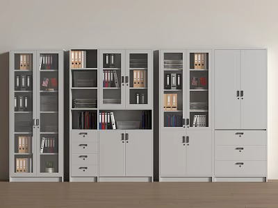 Modern White Office Filing Cabinets With Glass Doors Drawers And Organized Supplies 3d model