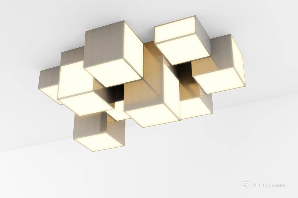 Modern Cube Shaped Ceiling Light With Metallic Finish And Illuminated Design 3d model 