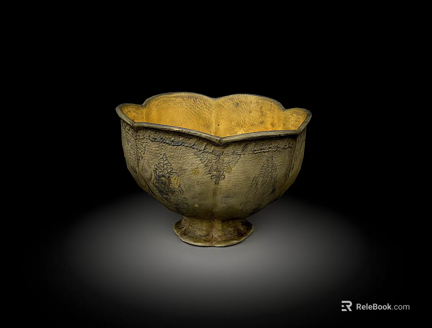 Ancient Gold Bowl With Petal Shaped Rim And Intricate Carved Patterns On Base 3d model 