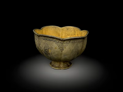 Ancient Gold Bowl With Petal Shaped Rim And Intricate Carved Patterns On Base 3d model