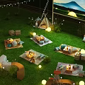 Camping Campground with Starry Sky Outdoor Movie Screen Tents Lawn String Lights Bonfire and Cushions