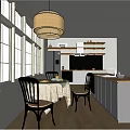 Bright Kitchen Interior With Rattan Pendant Light Large Windows Dining Table And Wooden Shelves