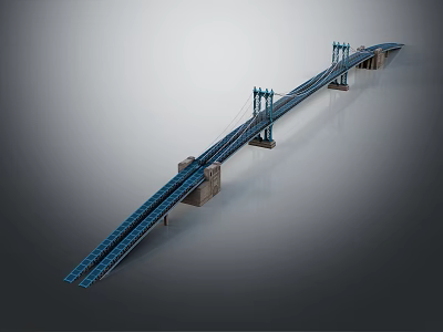 Blue Suspension Bridge Structure With Tall Towers And Concrete Piers 3d model