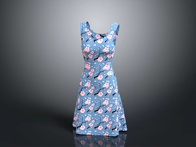 Stylish Blue Sleeveless Dress With Pink Floral Pattern And A line Design 3d model