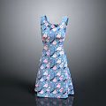Stylish Blue Sleeveless Dress With Pink Floral Pattern And A line Design