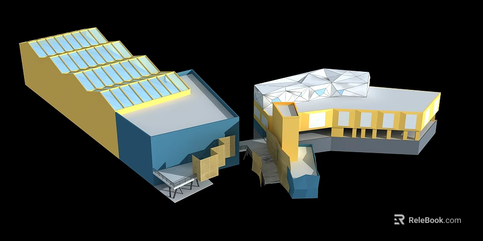 Architectural Model With Yellow Blue Structures Solar Panels And Geometric Roof Design 3d model 