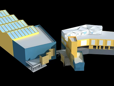 Architectural Model With Yellow Blue Structures Solar Panels And Geometric Roof Design 3d model