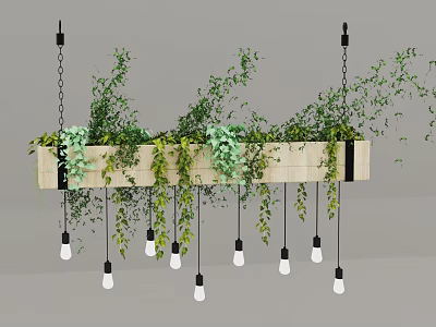 Wooden Hanging Planter With Green Plants Trailing Vines And Light Bulbs For Indoor Decor 3d model