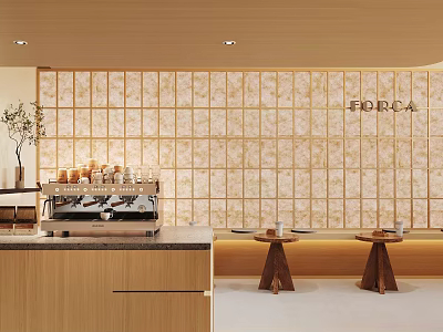 Cozy Milk Tea Shop Interior With Wooden Lattice Wall And Coffee Machine 3d model