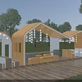 Modern Outdoor Pergola With Arched Roof On Wooden Deck Surrounded By Trees And Seats