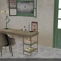 Vintage Study Desk And Chair With Table Lamp Books Mobile Phone And Poster Near Window