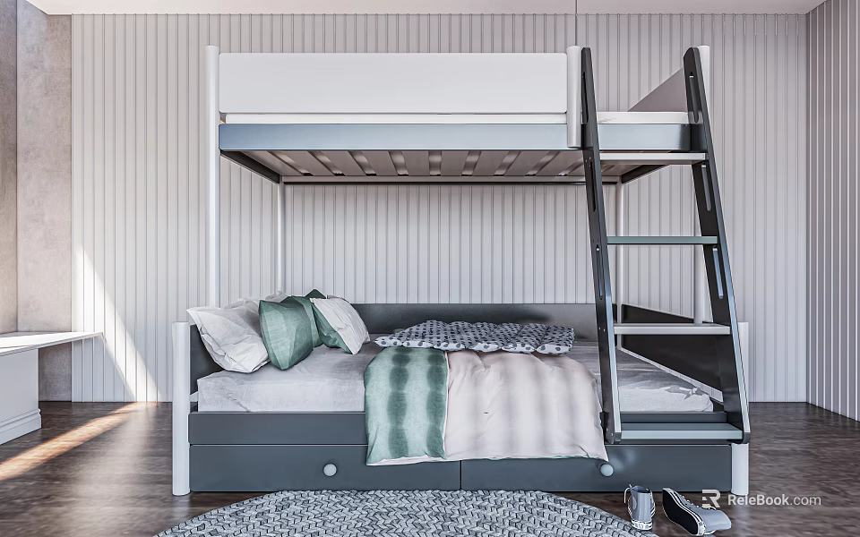 Modern Bunk Bed With White Upper And Gray Lower Bunk Mattress Pillows And Black Ladder 3d model 