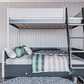 Modern Bunk Bed With White Upper And Gray Lower Bunk Mattress Pillows And Black Ladder