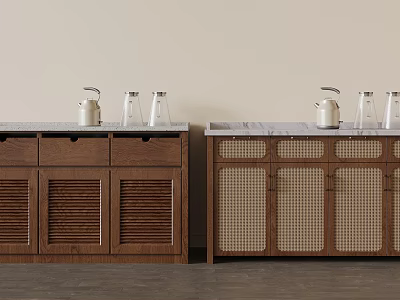 Wooden Sideboard With Louvered Doors And Plaid Design Countertop With Kettle And Glass Jars 3d model
