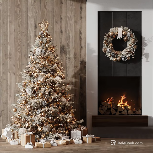 Christmas Decorative Ornament Set with Snowy Tree Wreath and Fireplace Fire Decorations 3d model 