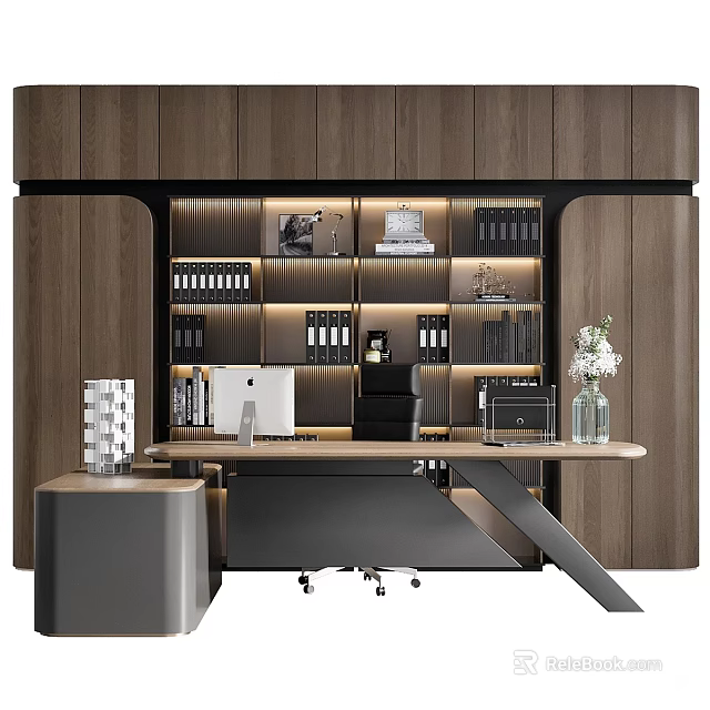 Modern Office Interior With Wooden Wall Bookshelves Books Decorations Desk Computer And Vase 3d model 
