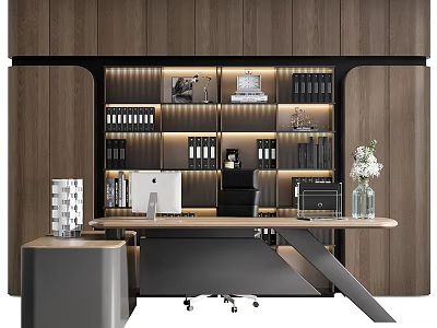 Modern Office Interior With Wooden Wall Bookshelves Books Decorations Desk Computer And Vase 3d model