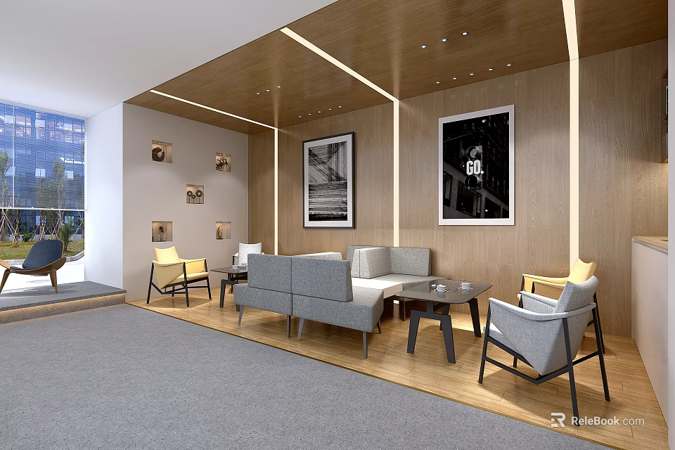 Modern Lounge Area Interior With Gray Sofa Chairs Coffee Table And Wooden Walls 3d model 