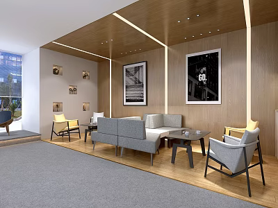 Modern Lounge Area Interior With Gray Sofa Chairs Coffee Table And Wooden Walls 3d model