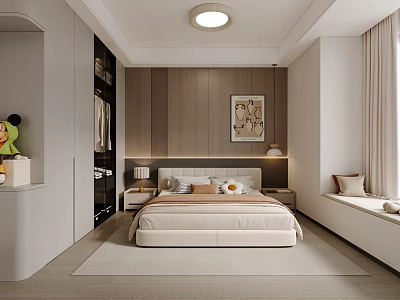 Modern Minimalist Bedroom Interior Design With Wooden Wall Bed Bedside Tables And Lamps 3d model