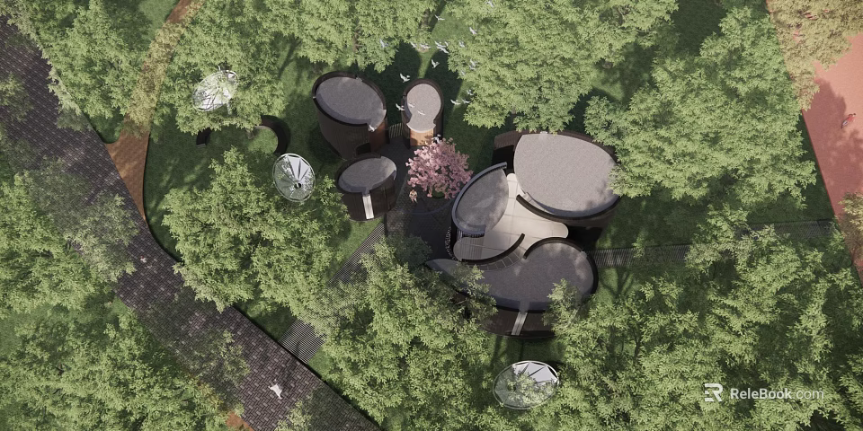 Unique Circular Structures In Forest With Lush Greenery And Modern Design Elements 3d model 