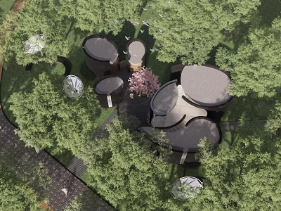 Unique Circular Structures In Forest With Lush Greenery And Modern Design Elements 3d model