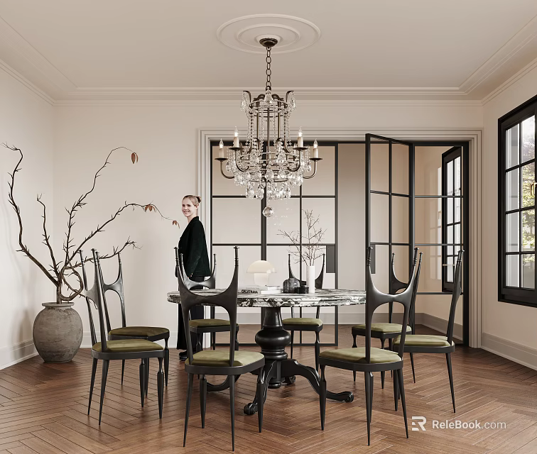 Elegant Restaurant Interior With Crystal Chandelier Round Dining Table Black Chairs Green Cushions Wooden Floor 3d model 