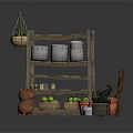 Rustic Wooden Shelf Display With Metal Buckets Clay Pots Green Plants And Garden Cart