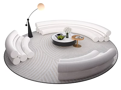 Modern White Curved Sofa And Round Coffee Table With Floor Lamp Green Plant Circular Rug 3d model