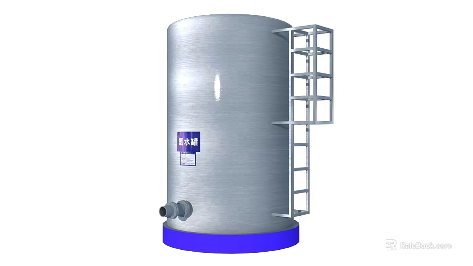 Industrial Cylindrical Water Storage Tank With Silver Body Blue Base And Metal Ladder 3d model 
