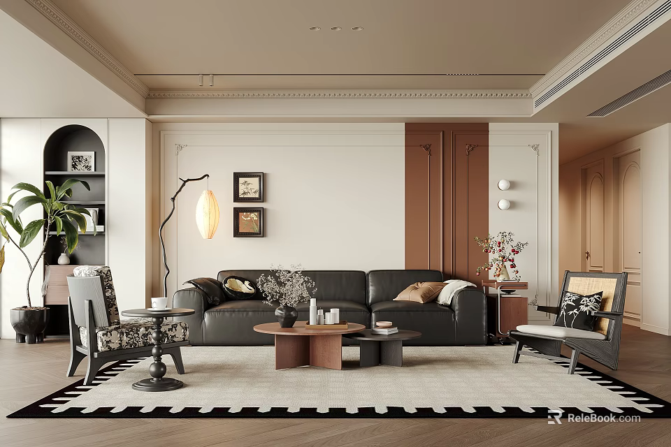 Modern Living Room Interior With Black Sofa Coffee Table Rug Floor Lamp And Framed Art 3d model 