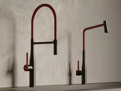 Two Modern Black And Red Faucets On Gray Wall Countertop Background 3d model