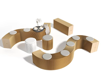 Curved Wooden Public Chair Design With Round Seats And Modular Structure For Public Spaces 3d model